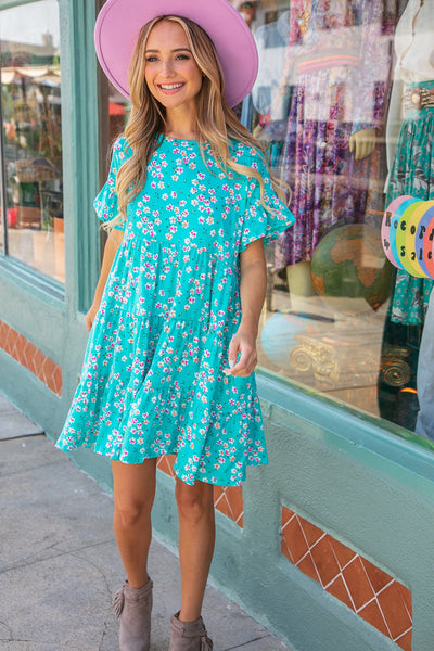 Blue Floral Tiered Flutter Sleeve Pocketed Dress