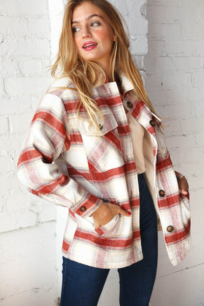 Cream & Rust Plaid Sherpa Lined Pocketed Jacket