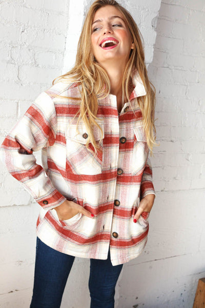 Cream & Rust Plaid Sherpa Lined Pocketed Jacket