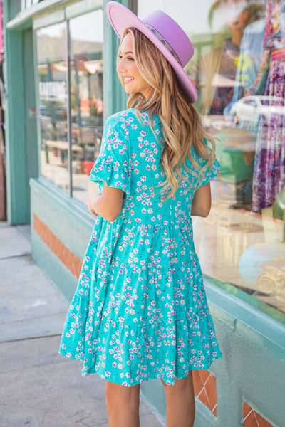 Blue Floral Tiered Flutter Sleeve Pocketed Dress