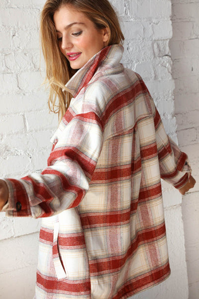 Cream & Rust Plaid Sherpa Lined Pocketed Jacket