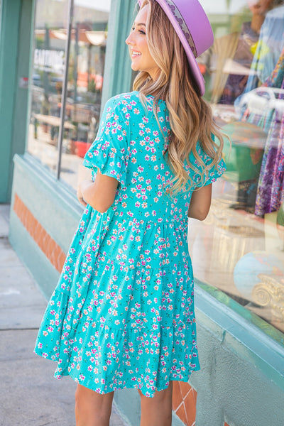 Blue Floral Tiered Flutter Sleeve Pocketed Dress