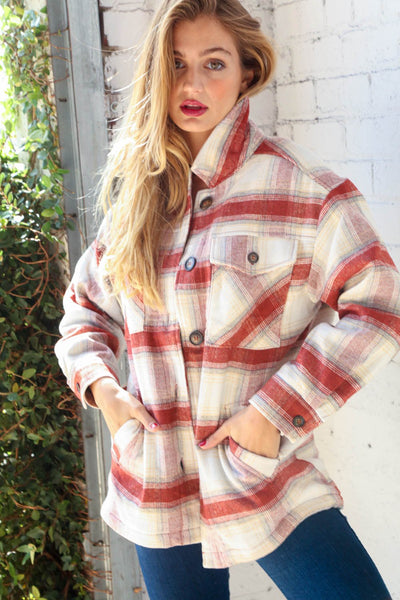 Cream & Rust Plaid Sherpa Lined Pocketed Jacket