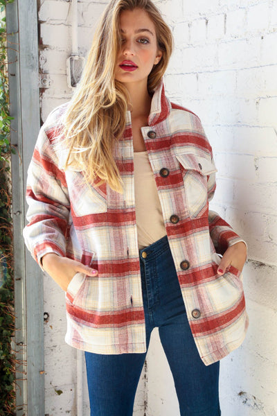 Cream & Rust Plaid Sherpa Lined Pocketed Jacket