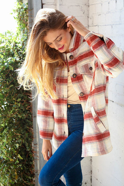 Cream & Rust Plaid Sherpa Lined Pocketed Jacket