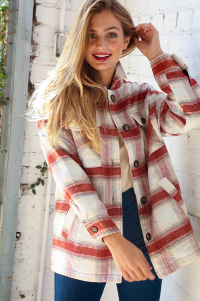 Cream & Rust Plaid Sherpa Lined Pocketed Jacket