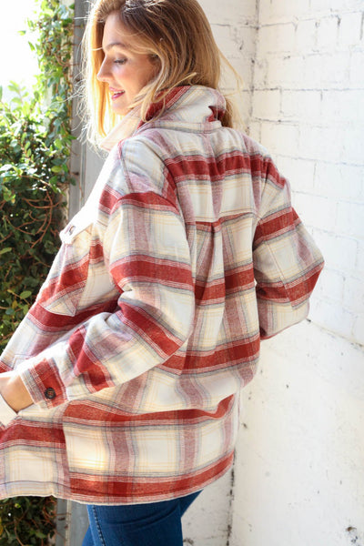 Cream & Rust Plaid Sherpa Lined Pocketed Jacket