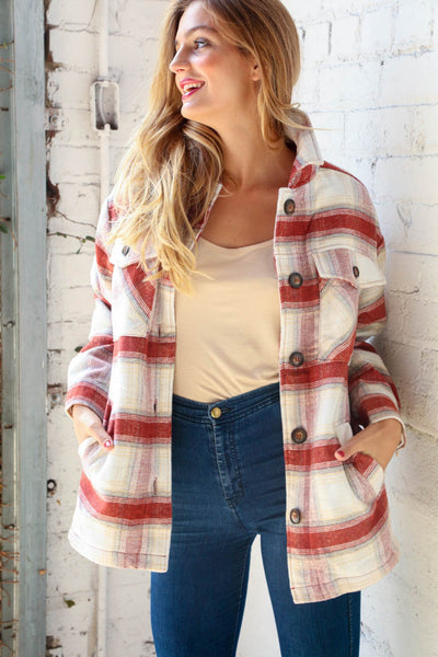 Cream & Rust Plaid Sherpa Lined Pocketed Jacket