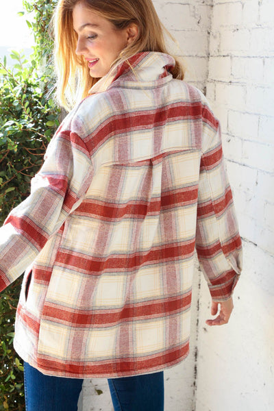 Cream & Rust Plaid Sherpa Lined Pocketed Jacket