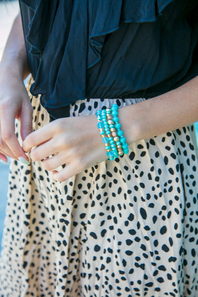 Mint and Gold Ball Beaded Stackable Bracelet Set