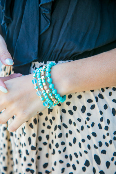 Mint and Gold Ball Beaded Stackable Bracelet Set