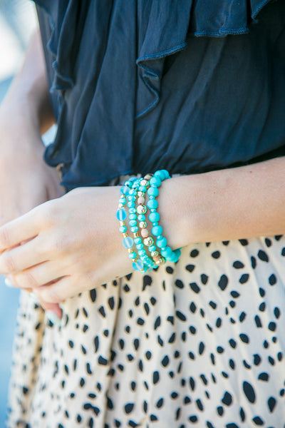 Mint and Gold Ball Beaded Stackable Bracelet Set