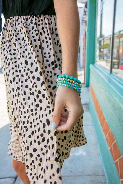 Mint and Gold Ball Beaded Stackable Bracelet Set