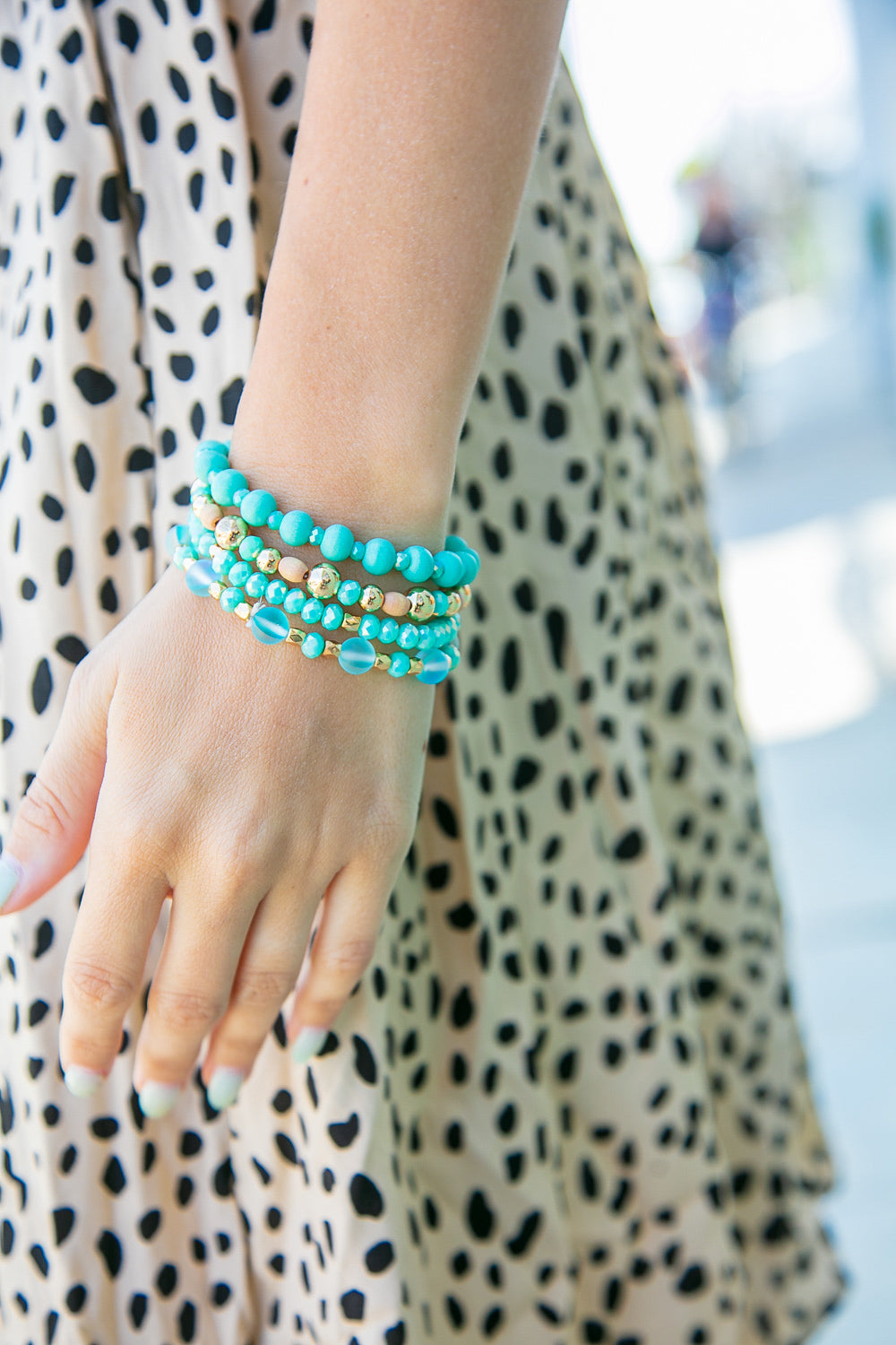 Mint and Gold Ball Beaded Stackable Bracelet Set