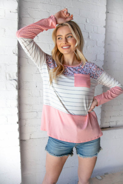 Stripe & Lavender Leopard Pink Rib Knit Front Pocket Top