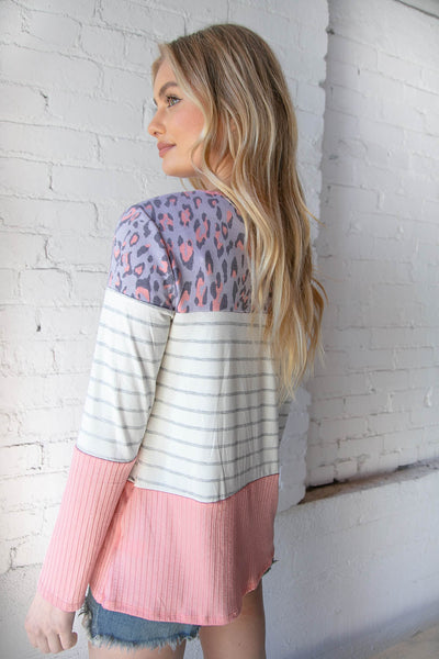 Stripe & Lavender Leopard Pink Rib Knit Front Pocket Top