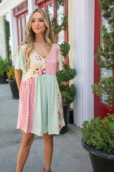 Mint Floral Color Block V Neck Babydoll Dress with Pockets