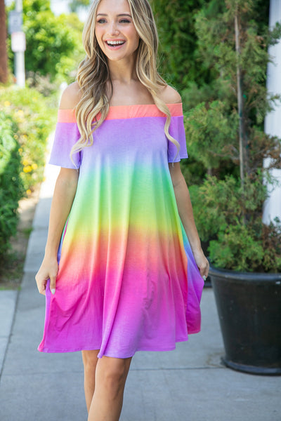 Rainbow Colorblock Off Shoulder Pocketed Dress