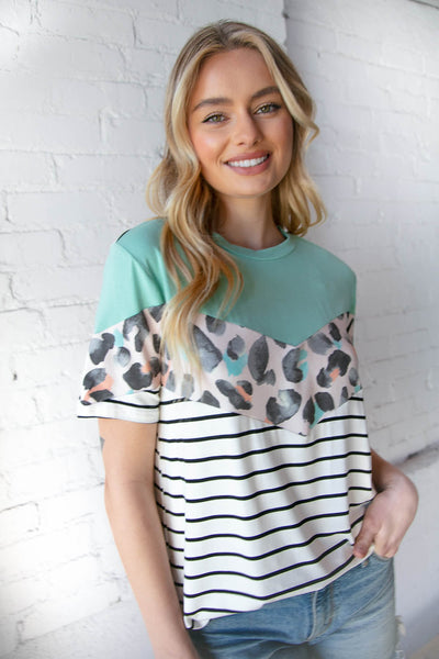 Mint Chevron Color Block Leopard Stripe Top