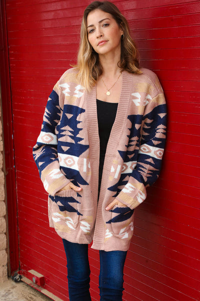 Aztec Tribal Print Open Cardigan with Pockets