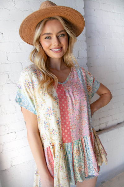 Boho Patchwork Print Rayon Challis V Neck Blouse