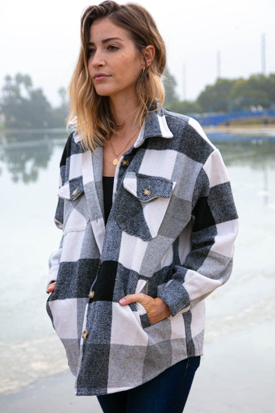 Grey & Black Plaid Jacket with Side Pockets