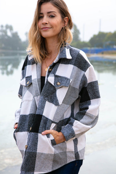 Grey & Black Plaid Jacket with Side Pockets