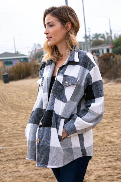 Grey & Black Plaid Jacket with Side Pockets