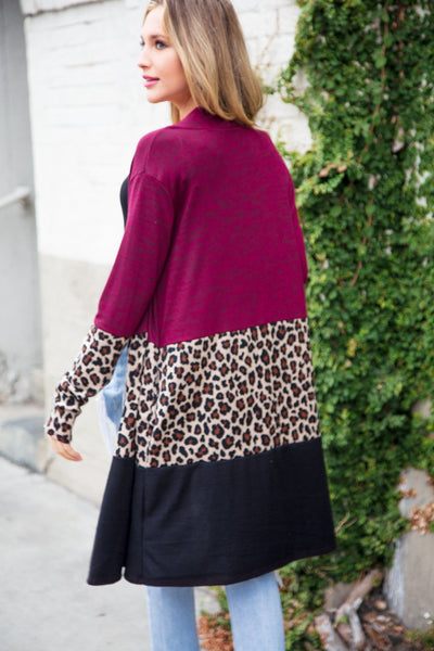 Two Tone Leopard Print Color Block Cardigan