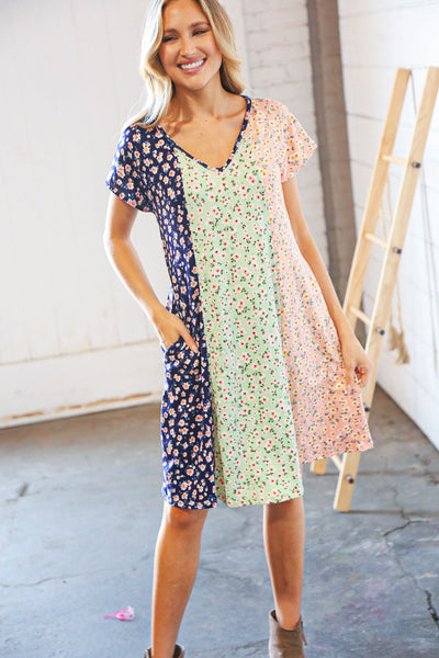 Mint Vertical Ditzy Floral Color Block V Neck Dress