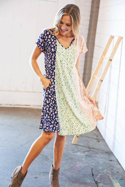 Mint Vertical Ditzy Floral Color Block V Neck Dress