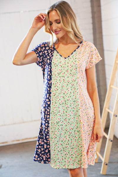 Mint Vertical Ditzy Floral Color Block V Neck Dress