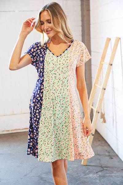 Mint Vertical Ditzy Floral Color Block V Neck Dress