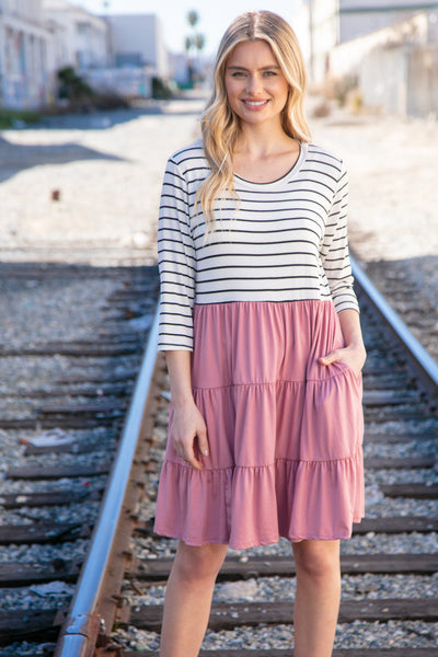 Mauve & Black Stripe Two Fer Knit Pocketed Dress