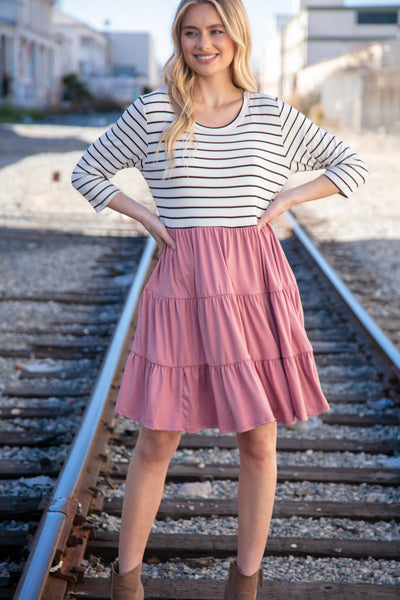 Mauve & Black Stripe Two Fer Knit Pocketed Dress