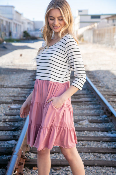 Mauve & Black Stripe Two Fer Knit Pocketed Dress