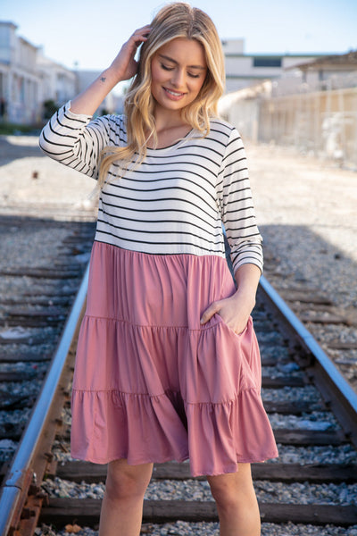 Mauve & Black Stripe Two Fer Knit Pocketed Dress