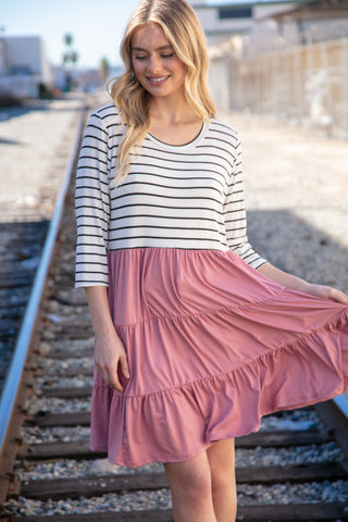 Mauve & Black Stripe Two Fer Knit Pocketed Dress