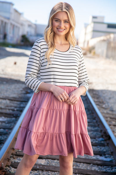 Mauve & Black Stripe Two Fer Knit Pocketed Dress