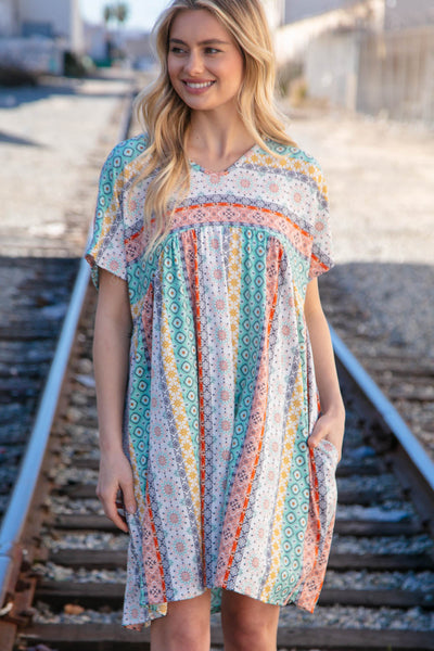 Mint & Blush Boho Print Tunic Dress with Side Pockets