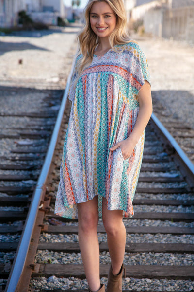 Mint & Blush Boho Print Tunic Dress with Side Pockets