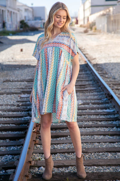 Mint & Blush Boho Print Tunic Dress with Side Pockets