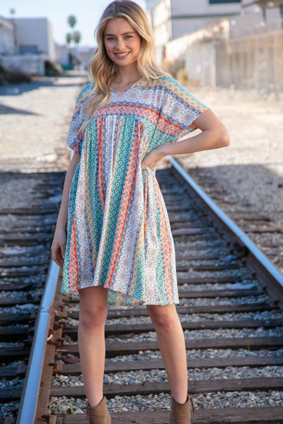 Mint & Blush Boho Print Tunic Dress with Side Pockets