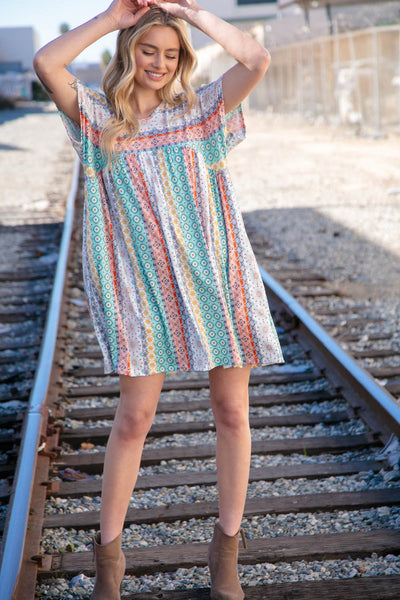 Mint & Blush Boho Print Tunic Dress with Side Pockets