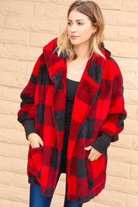 Plaid Sherpa Open Oversized Hoodie Jacket