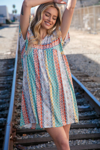 Mint & Blush Boho Print Tunic Dress with Side Pockets