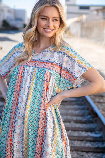 Mint & Blush Boho Print Tunic Dress with Side Pockets