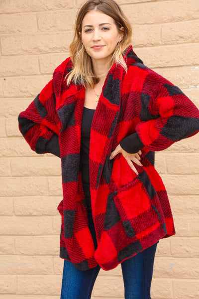 Plaid Sherpa Open Oversized Hoodie Jacket