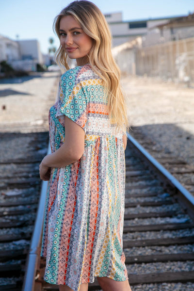 Mint & Blush Boho Print Tunic Dress with Side Pockets