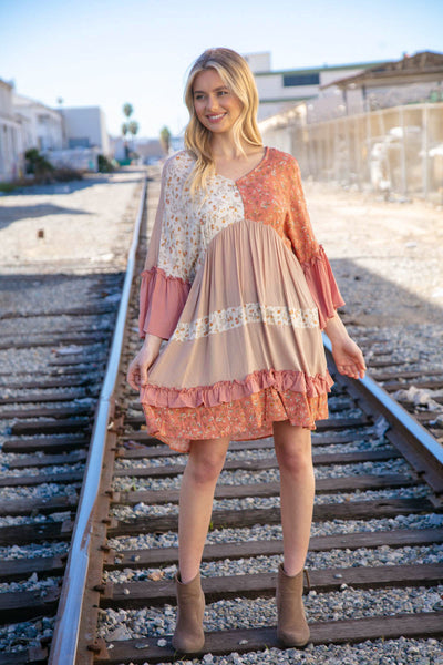 Taupe Slub Floral Ruffled Merrow Tiered Woven Dress